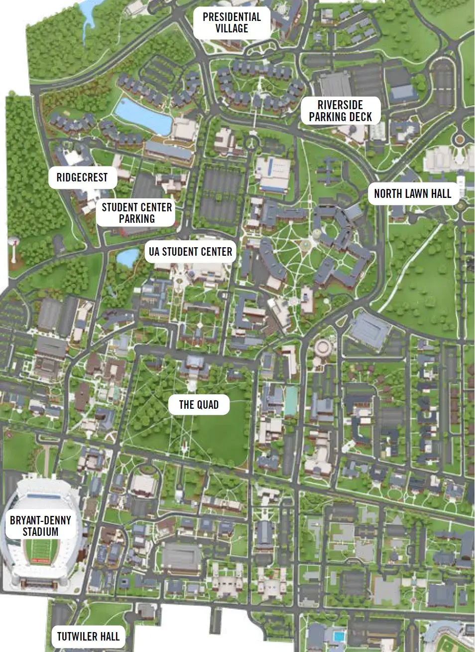 UA campus map with orientation route buildings labeled.