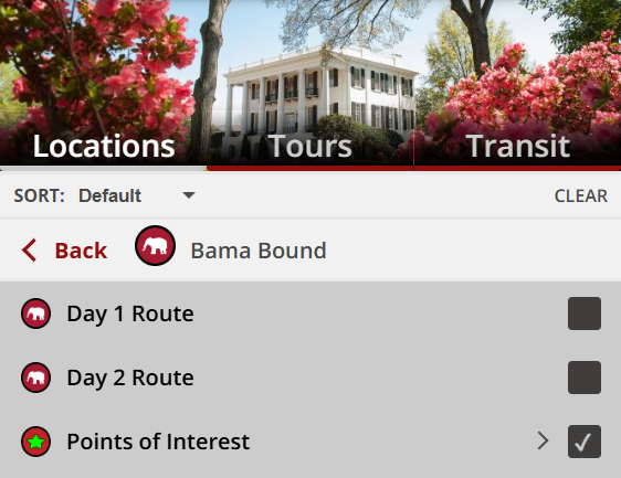 Interactive campus map with Bama Bound route selected under Tours